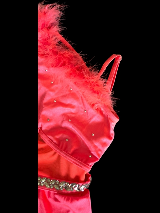 Girls Weissman Coral Pink Competition Dress with Feather Trim Dance/Ice Skating - Picture 6 of 13